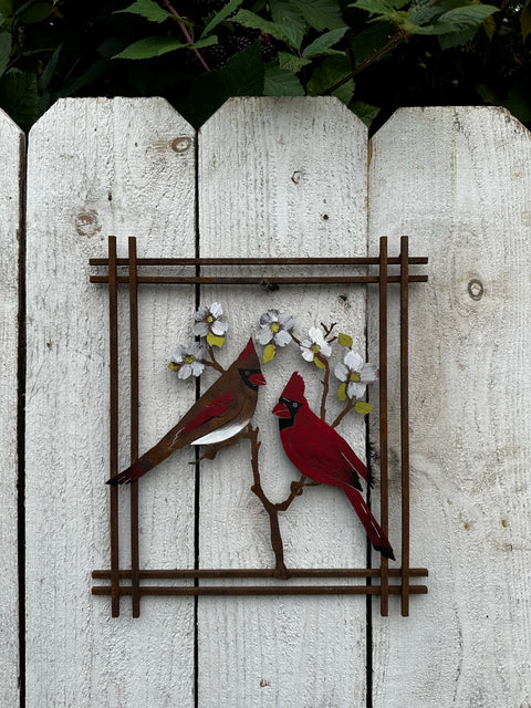 Cardinals on Dogwood Wall Art - Hand-Painted with Unique Metal Frame