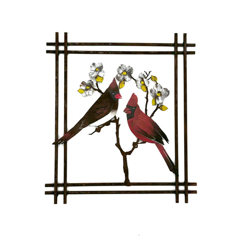 Cardinals on Dogwood Wall Art - Hand-Painted with Unique Metal Frame