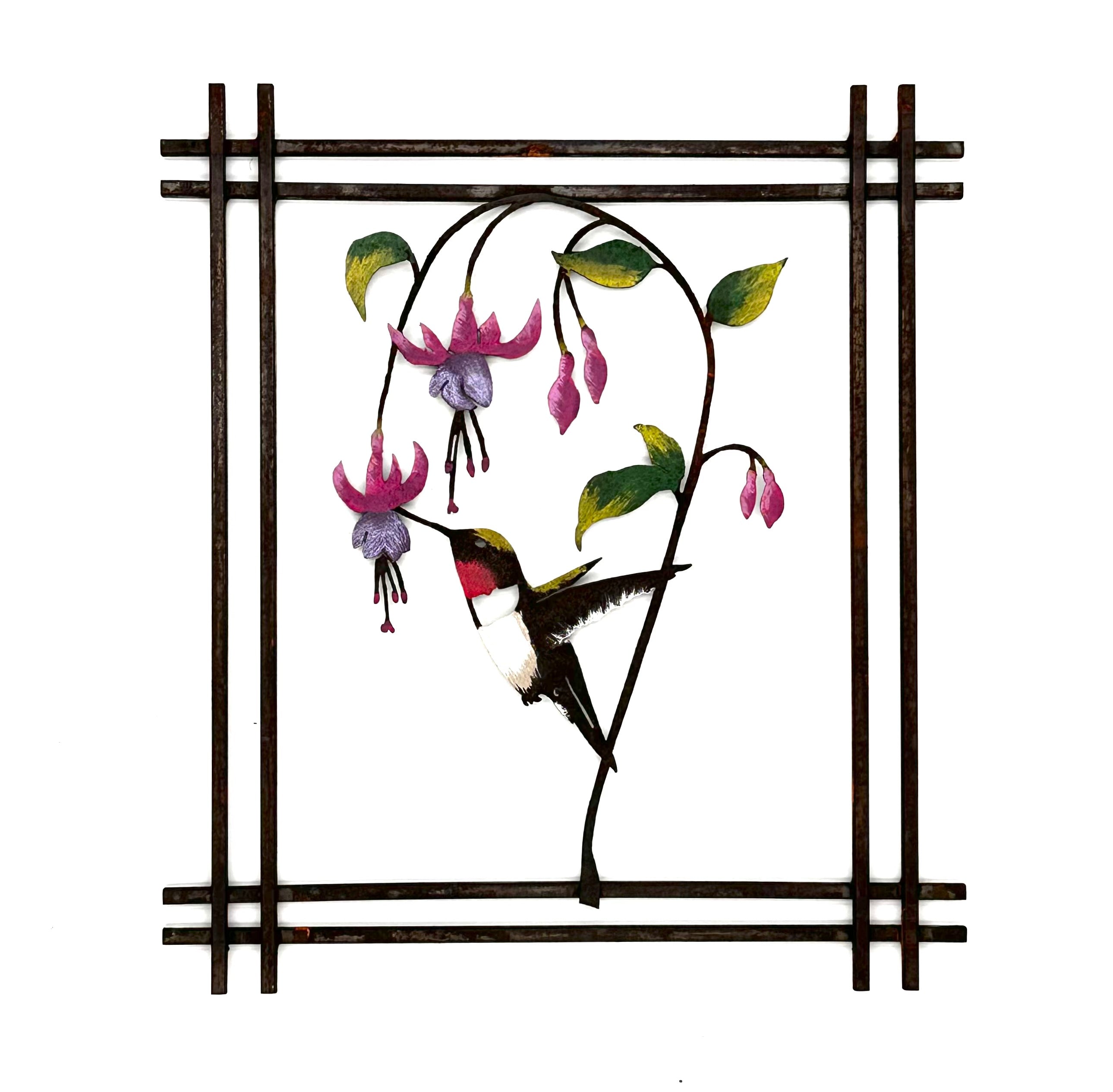 Hand-Painted Hummingbird on Fuchsia Wall Art | Unique Metal Frame | Stunning Home Decor