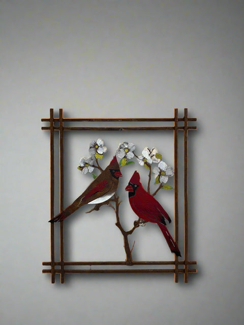 Cardinals on Dogwood Wall Art - Hand-Painted with Unique Metal Frame