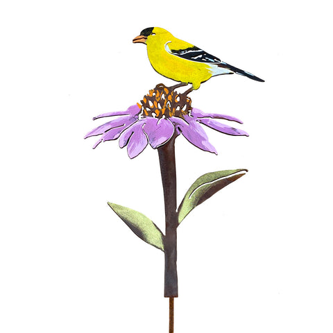 Goldfinch on Cone Flower Stake - Painted